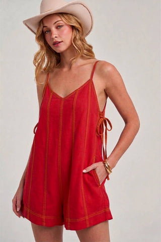 Summer Red Twill Denim Romper