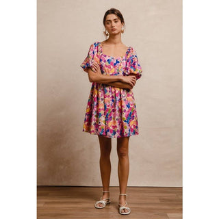 Multi Floral Balloon Sleeve Dress