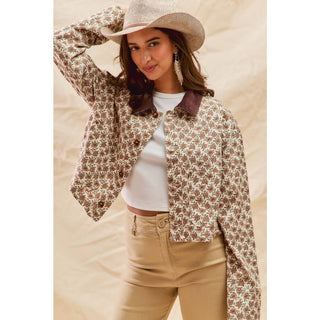 Floral Cropped Jacket With Corduroy Collar