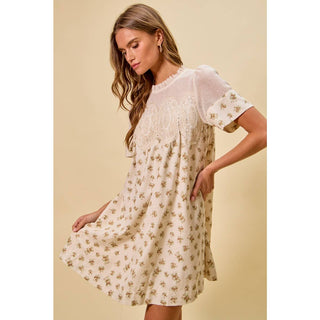Floral Lace Mini Dress in Beige