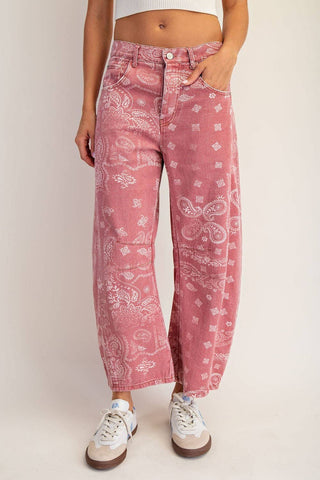 Mineral Washed Paisley Barrel Jeans in Dusty Rose