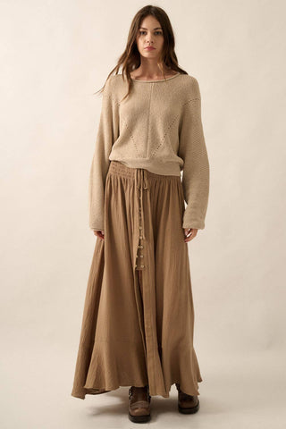 Smocked Front-Slit Maxi Skirt