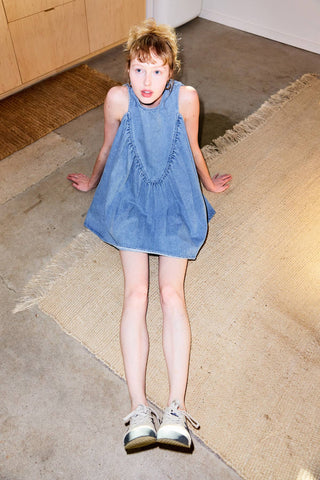 Sleeveless Shirring Denim Mini Tunic Dress in Sky Blue