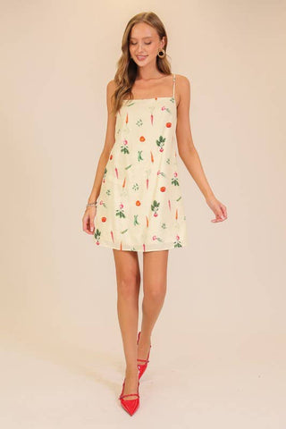 Veggie Print Lace-Back Mini Dress