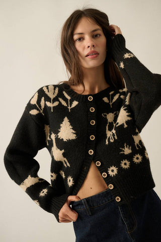 Forest Motif Knit Cropped Cardigan
