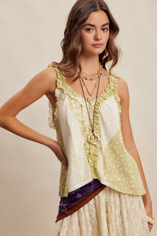 Ruffle Trim Patchwork Tank in Light Olive