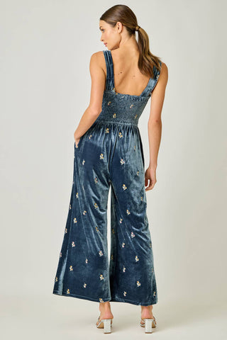 Embroidered Velvet Jumpsuit in Steel Blue