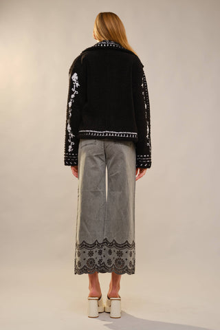 Embroidered Sherpa Rider Jacket in Black