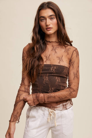 Sheer Lace Long-Sleeve Top in Mocha