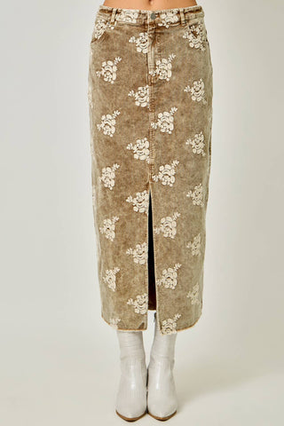 Embroidered Front Slit Corduroy Skirt in Washed Black