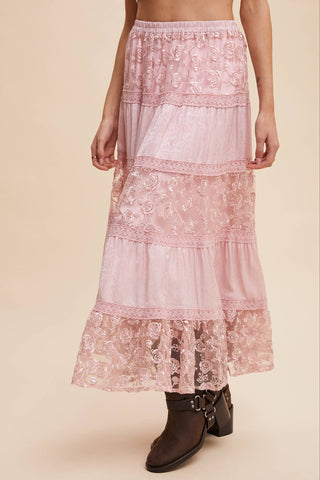 Floral Embroidered Maxi Skirt in Mute Pink