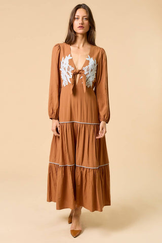 Long Sleeve Maxi Dress with Lace in Brown