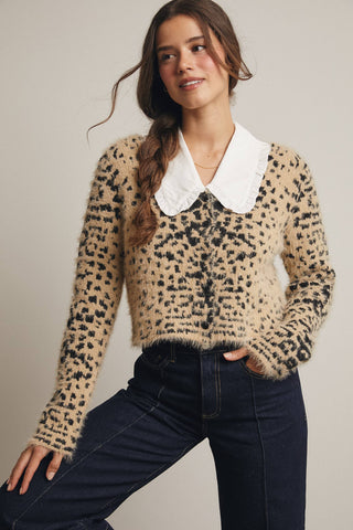Fuzzy Leopard Button-Up Cardigan in Taupe
