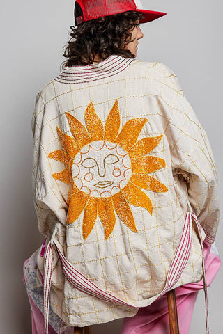 Tie-Belt Embroidery Kimono Cardigan