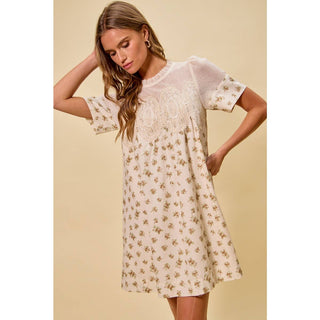 Floral Lace Mini Dress in Beige