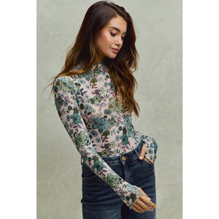 Floral Print Mesh Long Sleeve