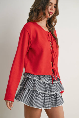 Tie-Front Cropped Sweater in Red