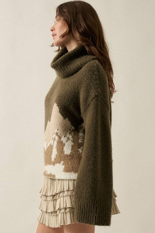 Mountains Fuzzy Jacquard-Knit Turtleneck Sweater