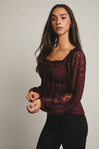 Pleated Lace Peplum Blouse in Burgundy