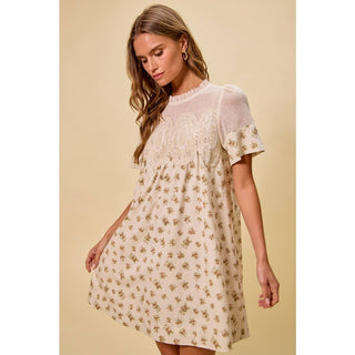 Floral Lace Mini Dress in Beige