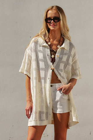Open-Knit Collared Tunic in Ivory