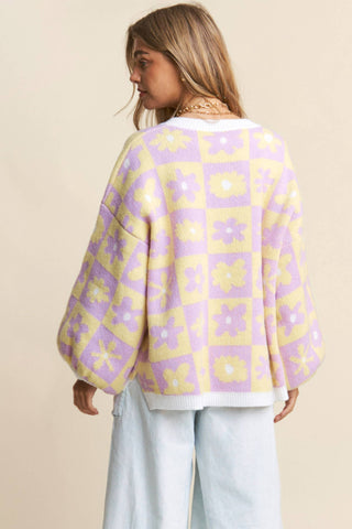 Floral Checkered Knit V Neck Sweater