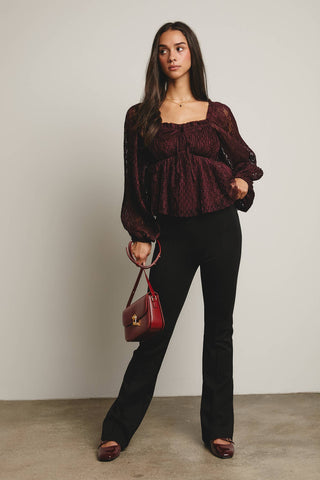 Pleated Lace Peplum Blouse in Burgundy