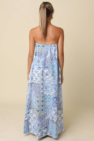 Clover Tile Print Strapless Maxi Dress