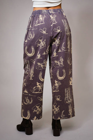 Western Motif Wide Leg Pants in Washed Navy