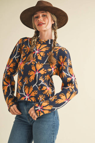 Floral Mock Neck Sweater in Navy