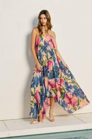 Pleated Maxi Dress in Lapis Bloom