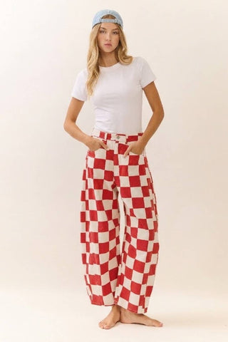 Checkered Printed Barrel Denim Pants