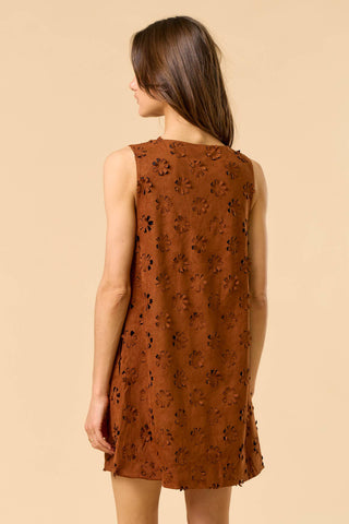 Flower Cut-Out Suede Dress in Brown
