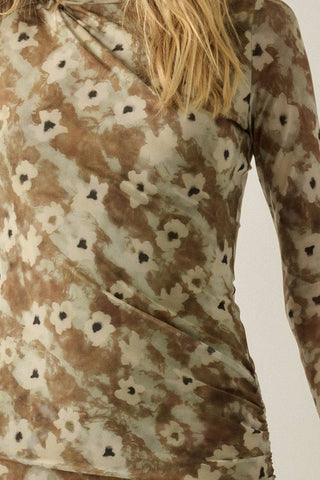 Floral Mesh Long-Sleeve Mock-Neck Midi Dress in Olive