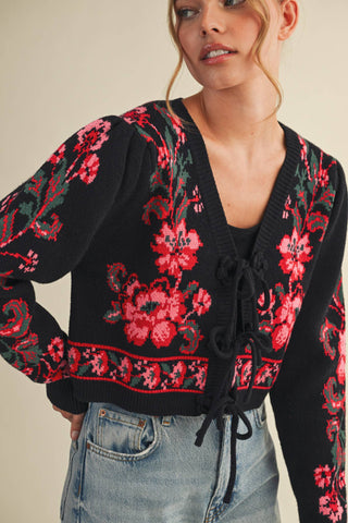 Floral Knit Tie-Front Cropped Cardigan