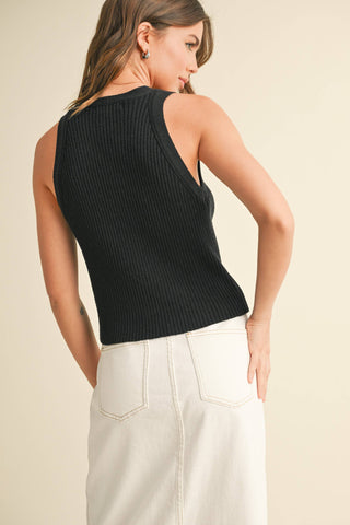 Buttondown Ribbed V-Neck in Black