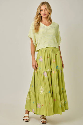 Embroidered Tiered Skirt in Green Tea
