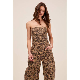 Leopard Denim Strapless Jumpsuit