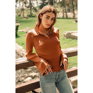 Wavy Scallop-Edge Knit Top in Rust