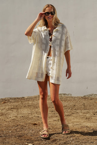 Open-Knit Collared Tunic in Ivory