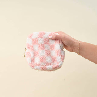 Blush Checkered Square Teddy Pouch