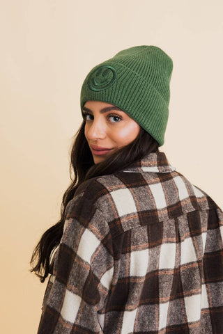 Smiley Knit Beanie in Forest Green
