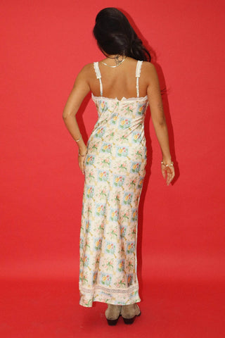 Lace Trim Floral Tie Maxi Dress in Cream