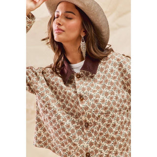 Floral Cropped Jacket With Corduroy Collar