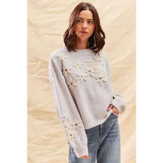 Flower Embroidered Sweater in Grey