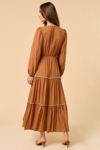 Long Sleeve Maxi Dress with Lace in Brown