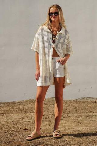 Open-Knit Collared Tunic in Ivory
