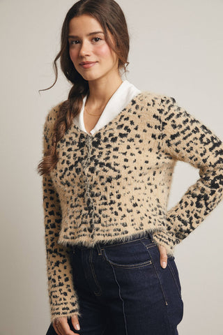 Fuzzy Leopard Button-Up Cardigan in Taupe