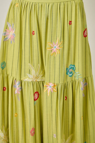 Embroidered Tiered Skirt in Green Tea