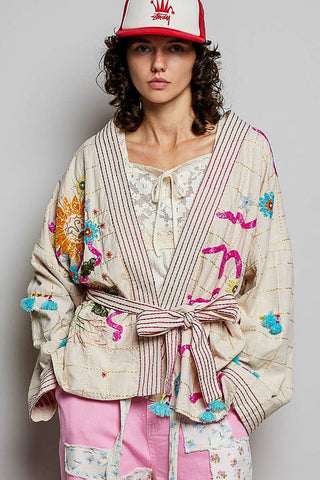 Tie-Belt Embroidery Kimono Cardigan